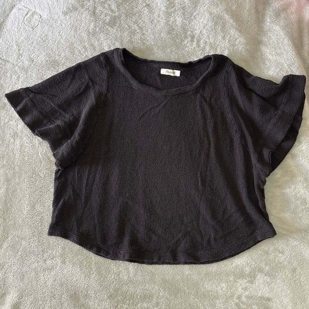 Madewell black knit boxy cropped top flutter sleeve cotton work scoop feminine